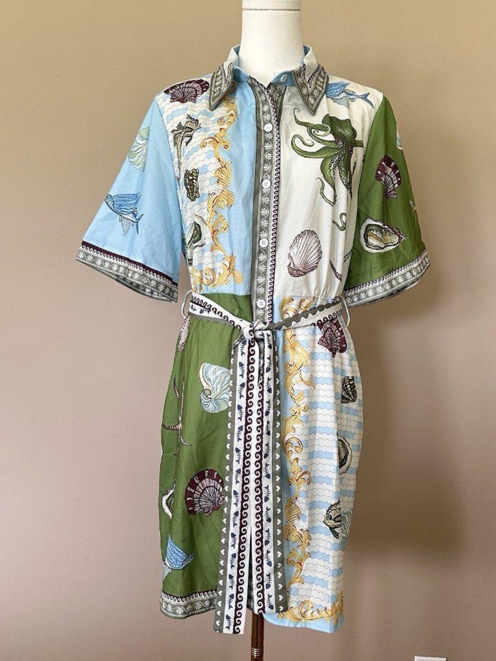 Seaside Shell Print Shirt Dress - Green & Light Blue - Picture 2 of 11